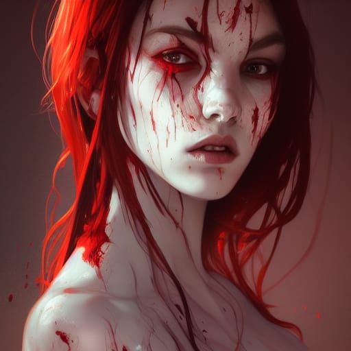 Creepy Girl Covered in Blood: Hyperdetailed Portrait