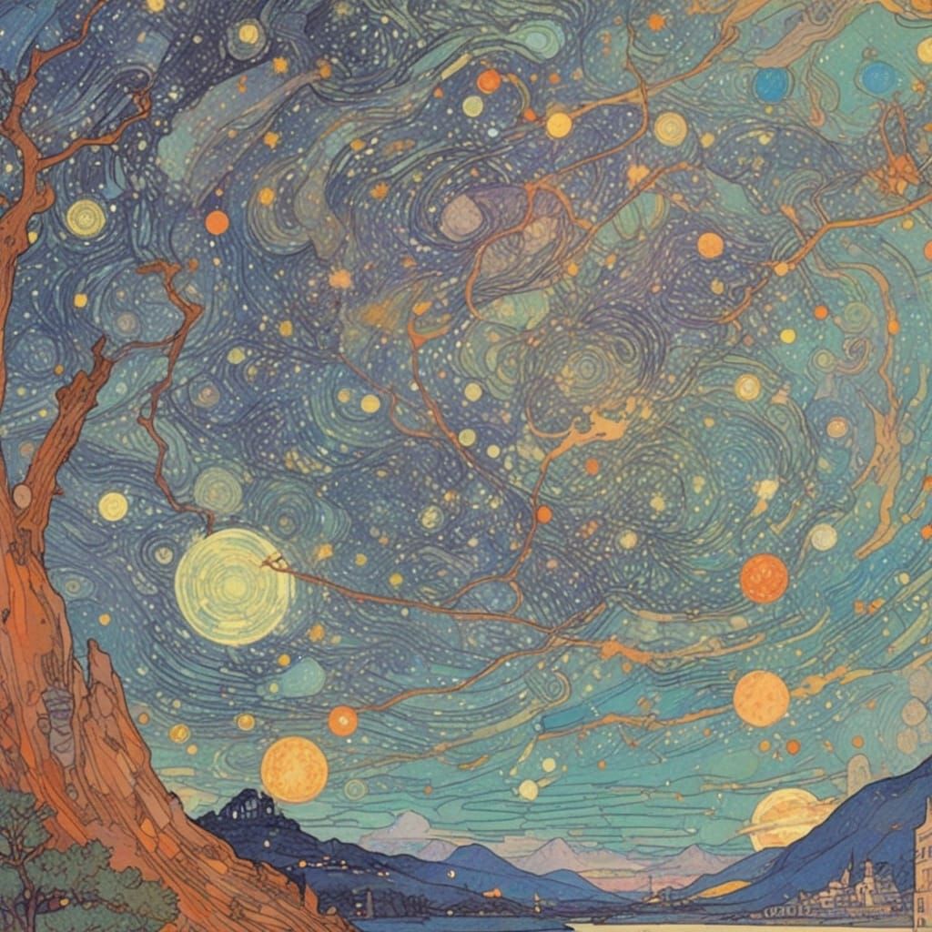 Vibrant Cosmic Night Sky in Egon Schiele Style