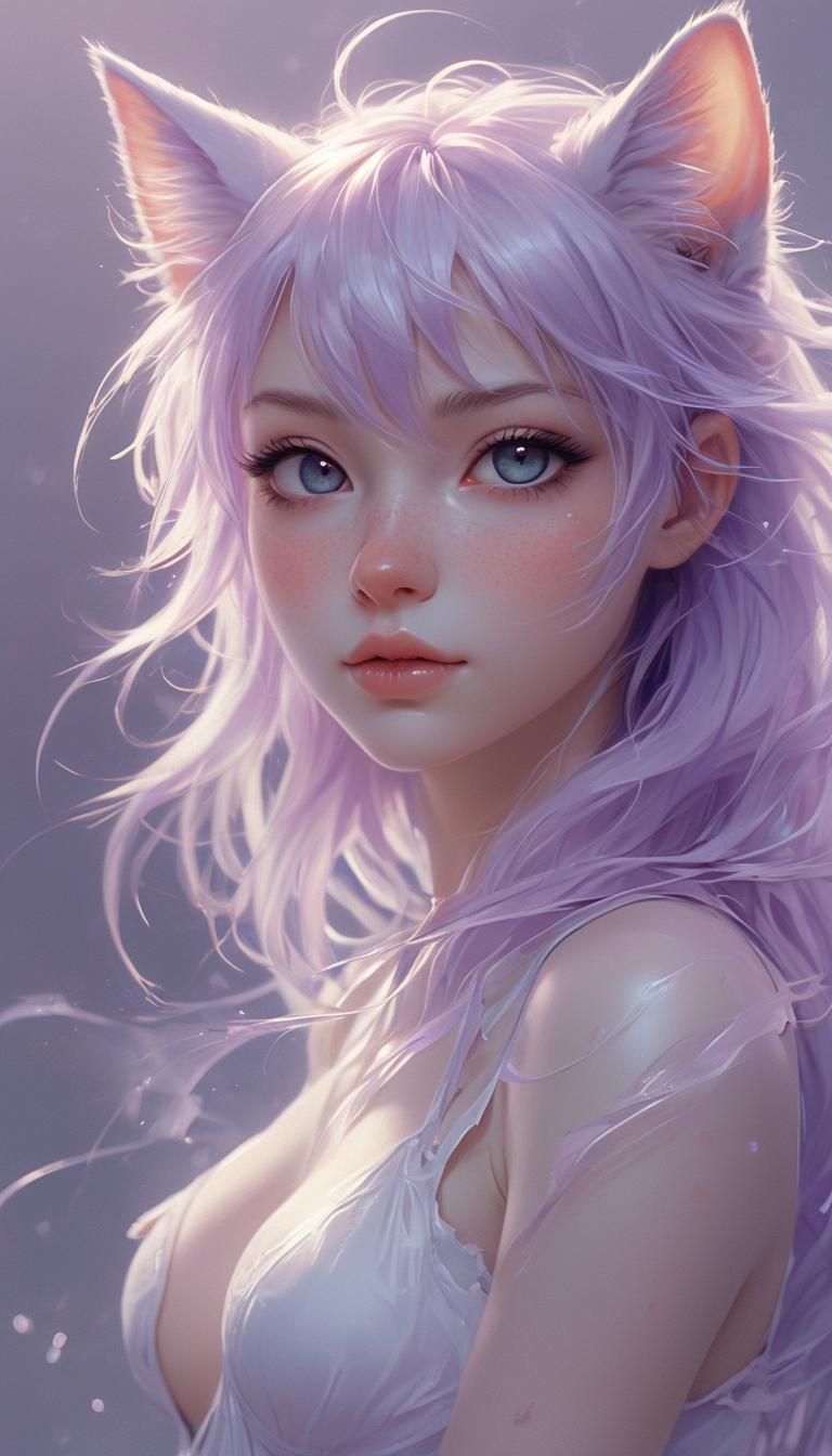 Ethereal Luminous Cat-Girl Acrylic Painting in 8K