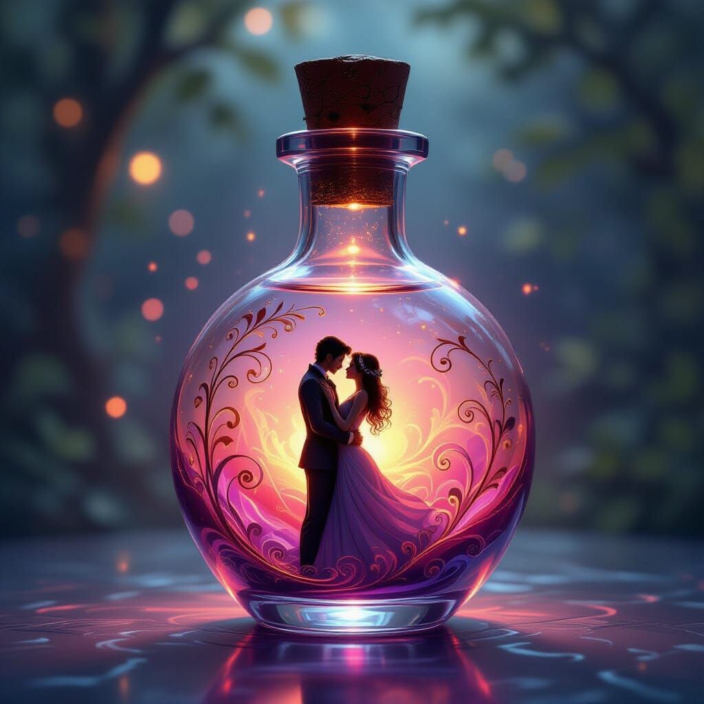 Enchanting Love Potion Vial with Silhouetted Couple