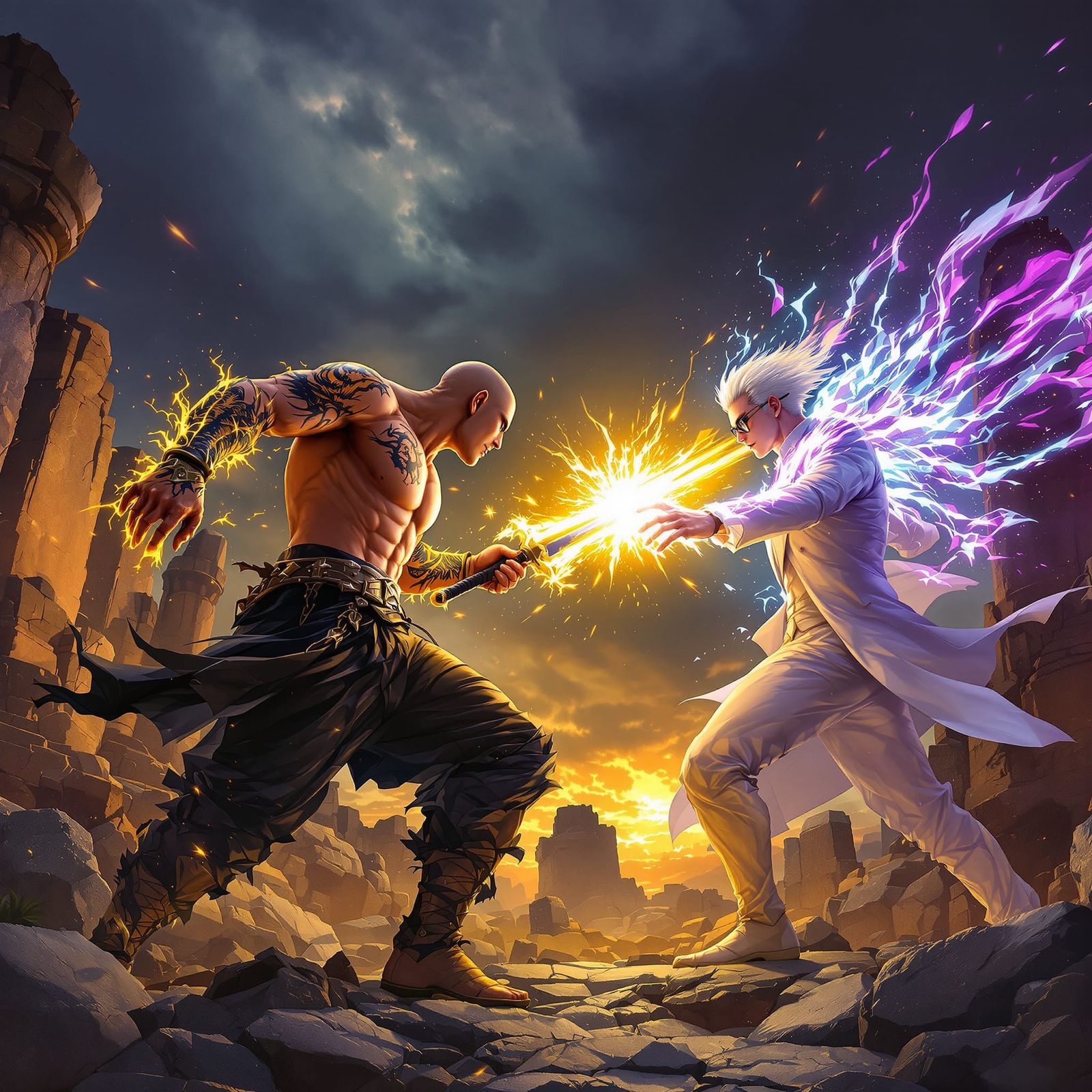 Anime Confrontation on Ancient Ruins in Oil Painting Style