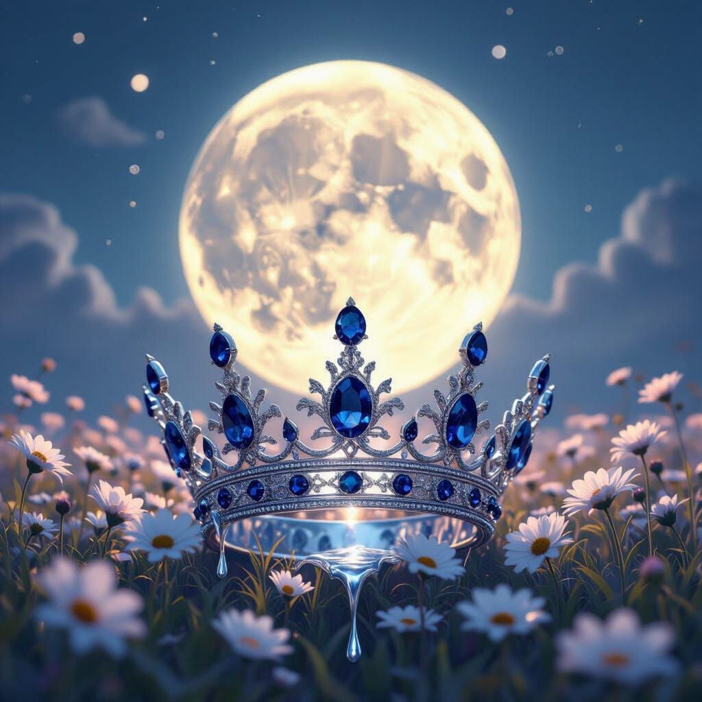 Silver Crown with Sapphires in Moonlit Flower Field