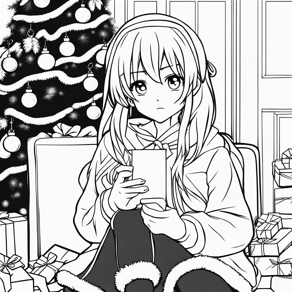 Anime Christmas Coloring Page: Simple Line Art