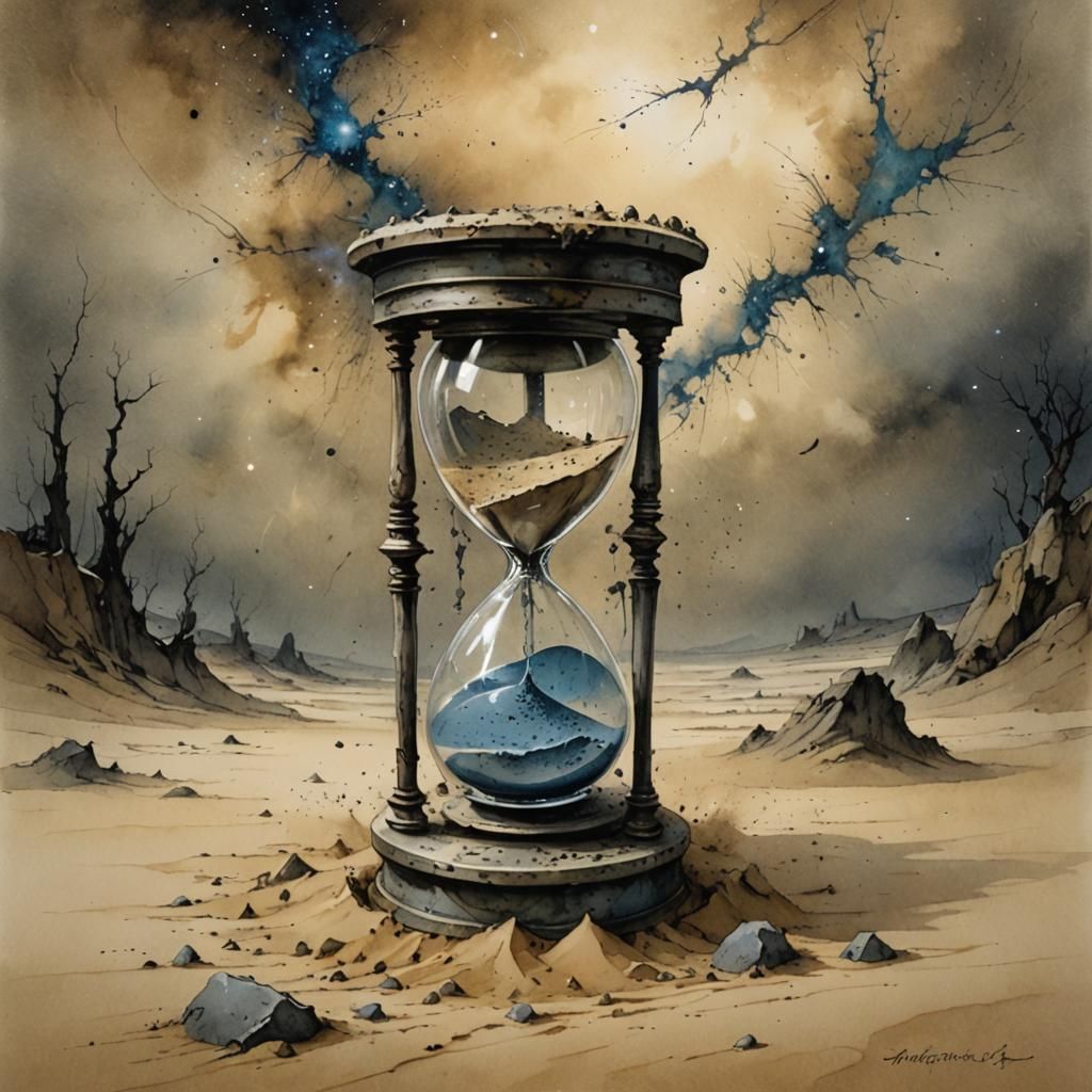 Hourglass in Deep Cosmos, Impressionistic Aquarelle