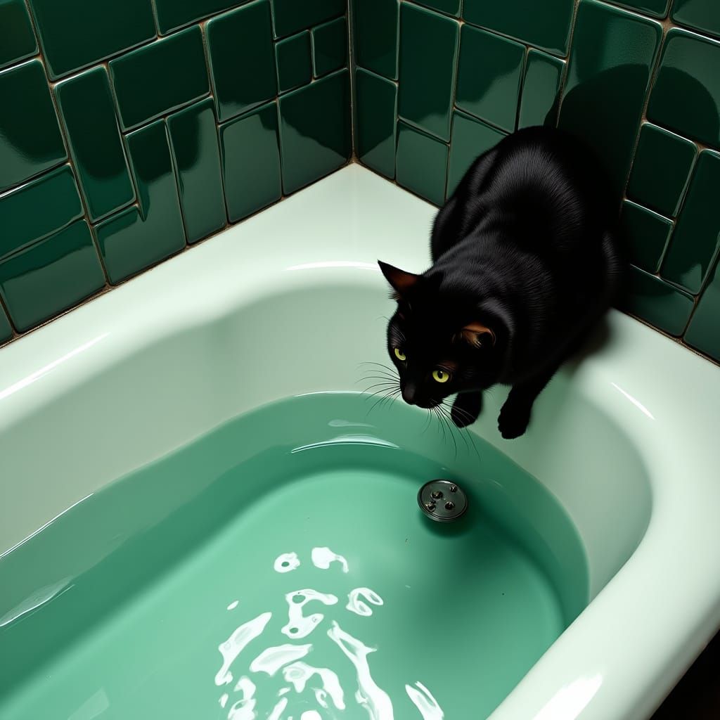 Black Cat's Reflection in a Bathtub