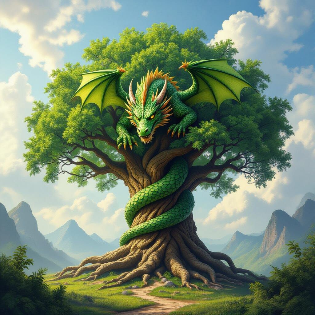 Colossal World Tree With Hidden Green Dragon