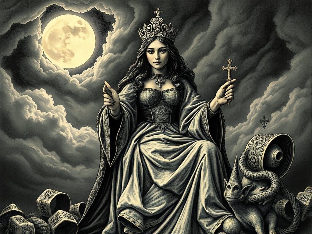 Queen of Clubs Rummy Card, engraved fantasy art by Malika Fa...