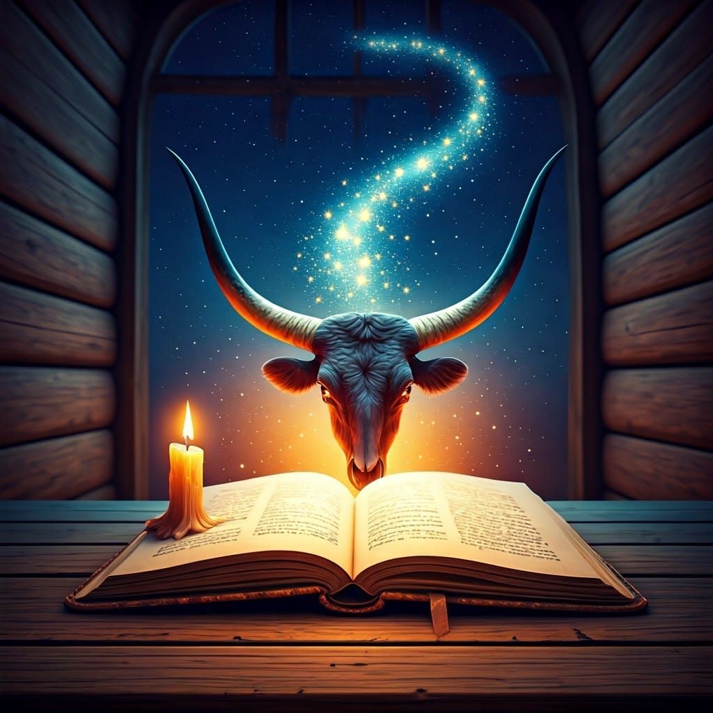 Mystical Book Scene with Celestial Bull Horns