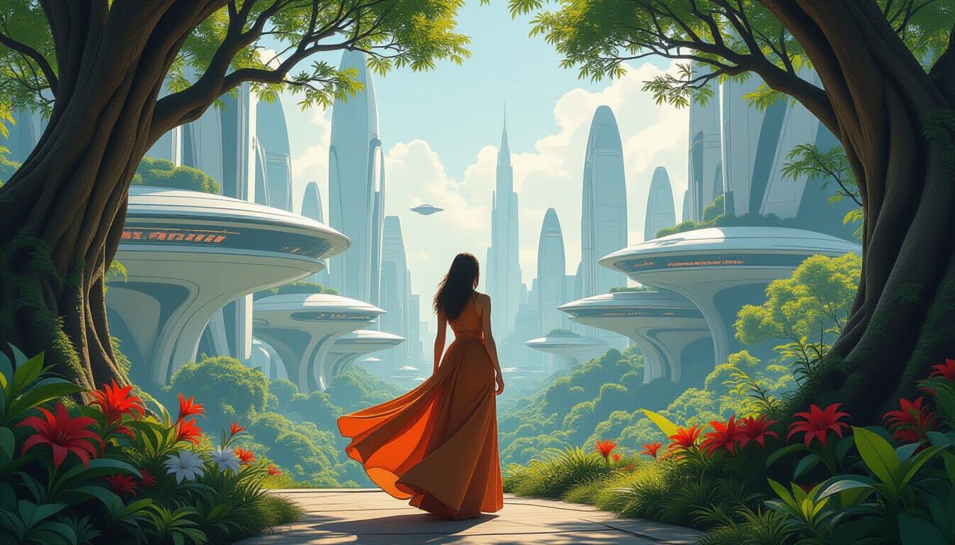 Utopic Frutiger Aero Cityscape with Serene Woman