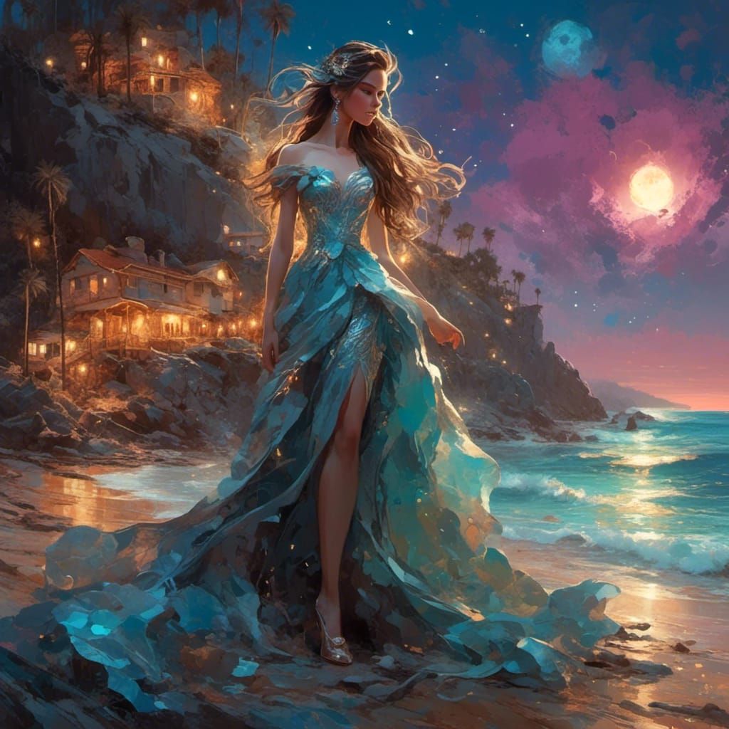 Moonlit Elf on Distant Beach in Graffiti Art Style