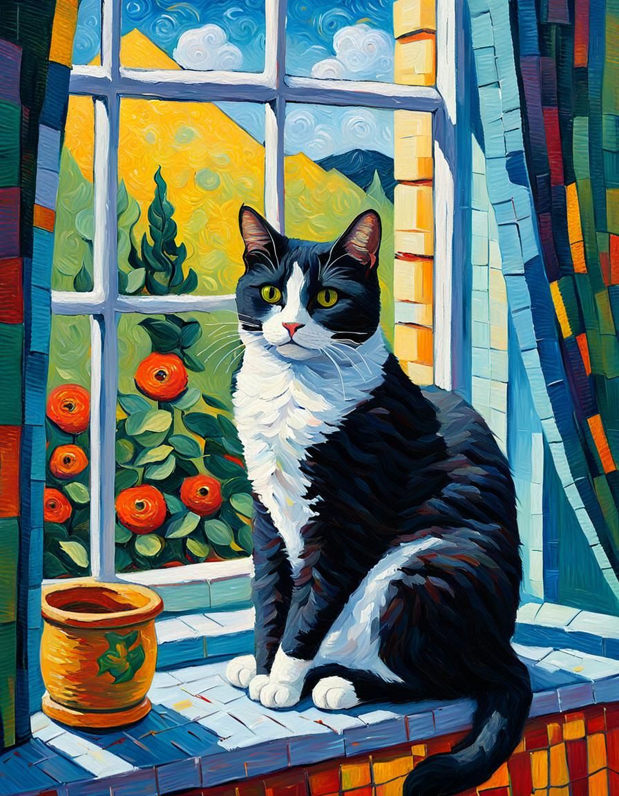 Tuxedo Cat in Window: Expressionist Oil Painting