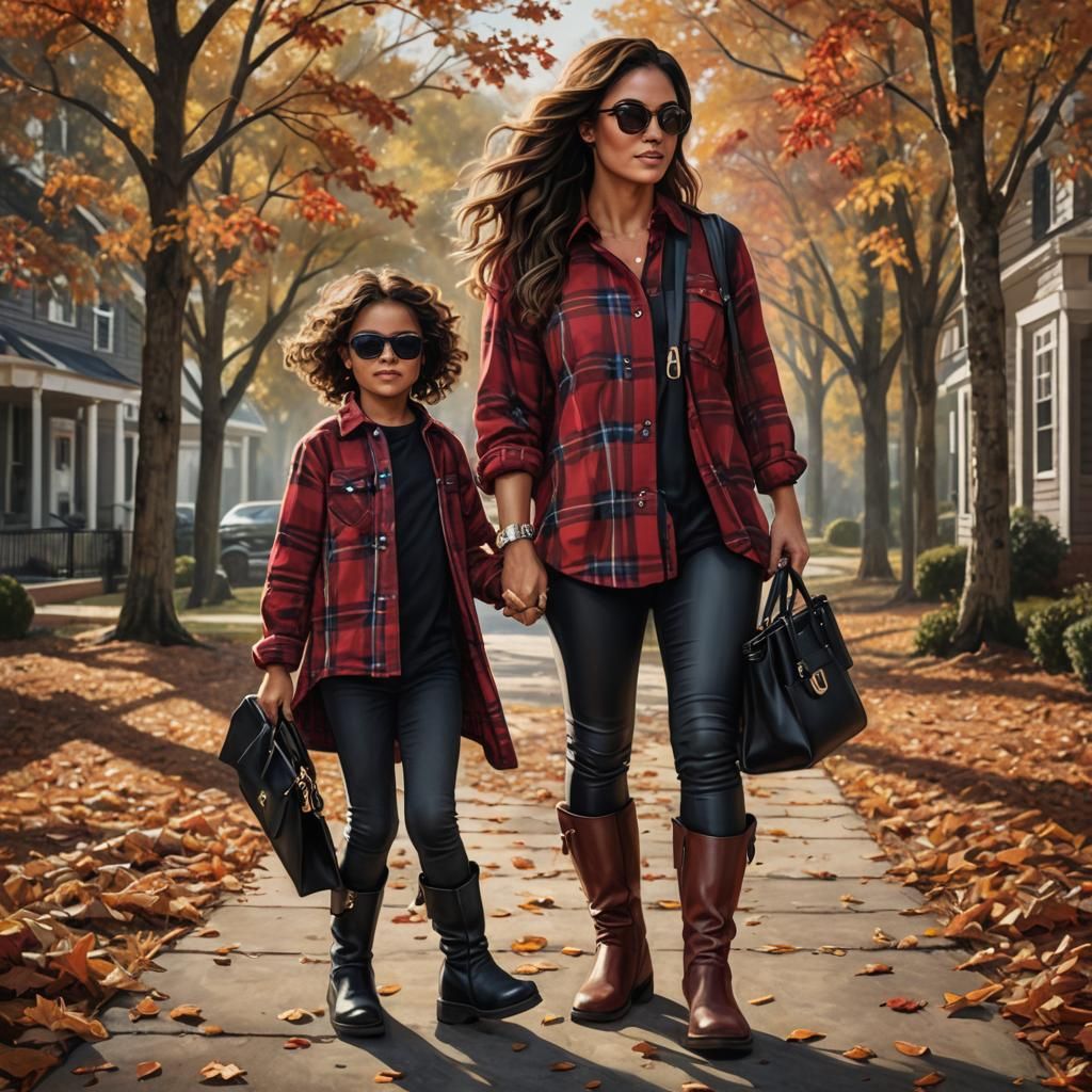 Mother and Children Enjoying Fall Day: Hyperrealistic Digita...