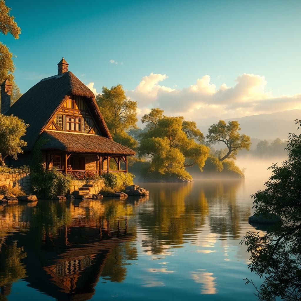 Tranquil Lakeside Estate in a Detailed, Matte Style