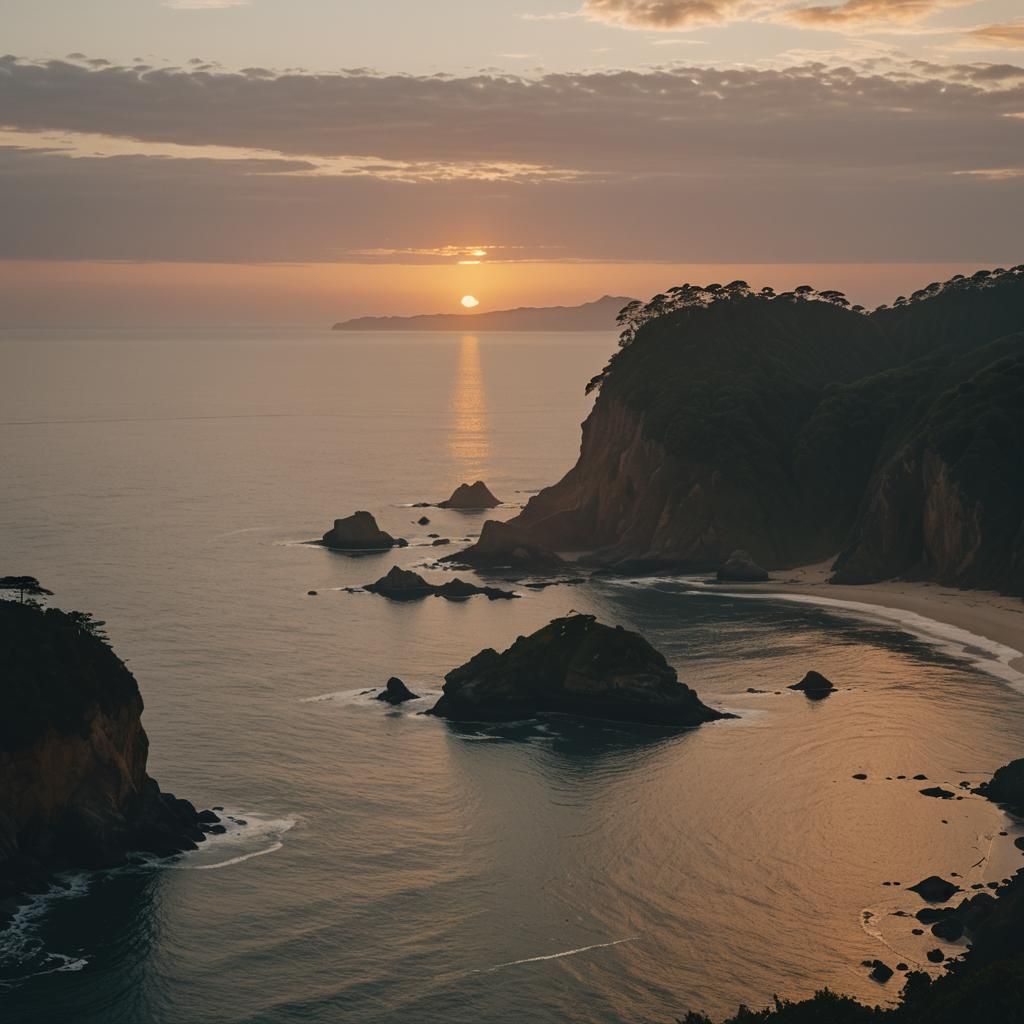 Dramatic Sunrise Silhouettes Cliffside Islands: Cinematic Fi...