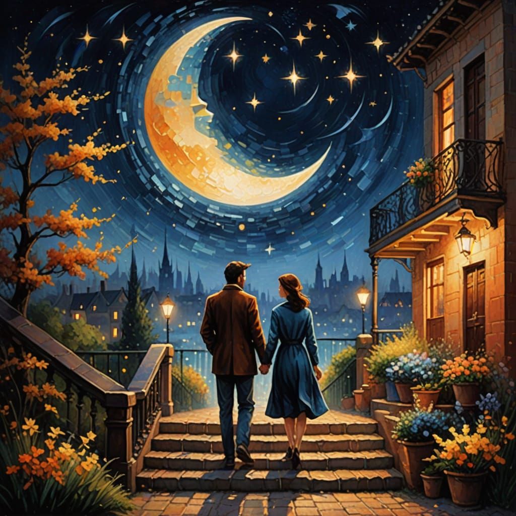 Whimsical Nighttime Scene in Pointillism Style