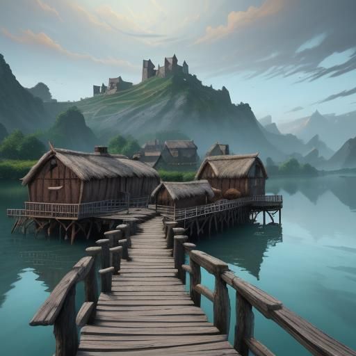 Neolithic Lake Village on Pilings: Detailed Matte Painting