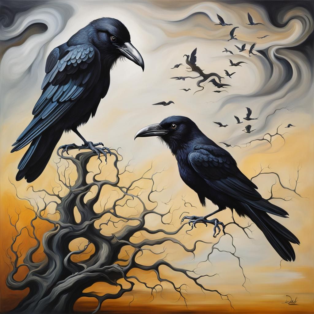 Surreal Raven in Melting Landscape: Oil on Canvas