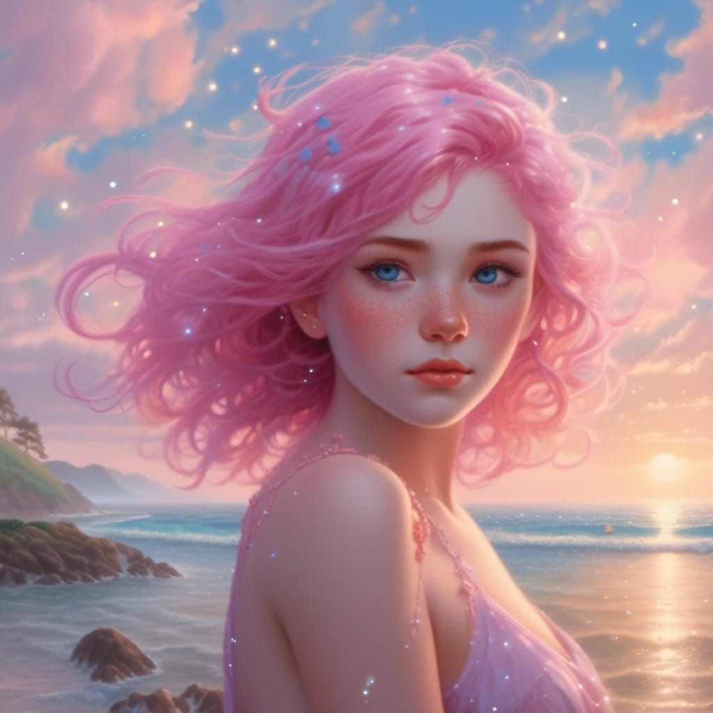 Girl with Pink Hair and Bear Ears by the Sea