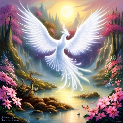 Ethereal Phoenix Made of Flowers in Fantasy Style