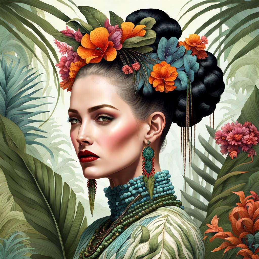 Beautiful Woman in Hand-Dyed Clothes, Digital Painting