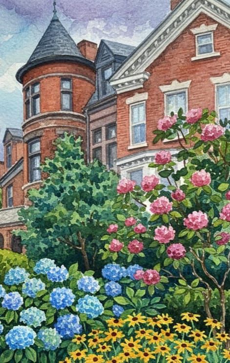 Impressionistic Garden With Turreted Home