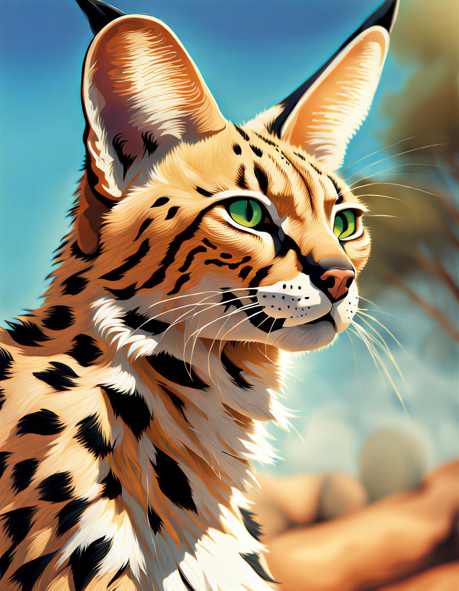 Serval Portrait in Hyperrealistic Splash Art Style