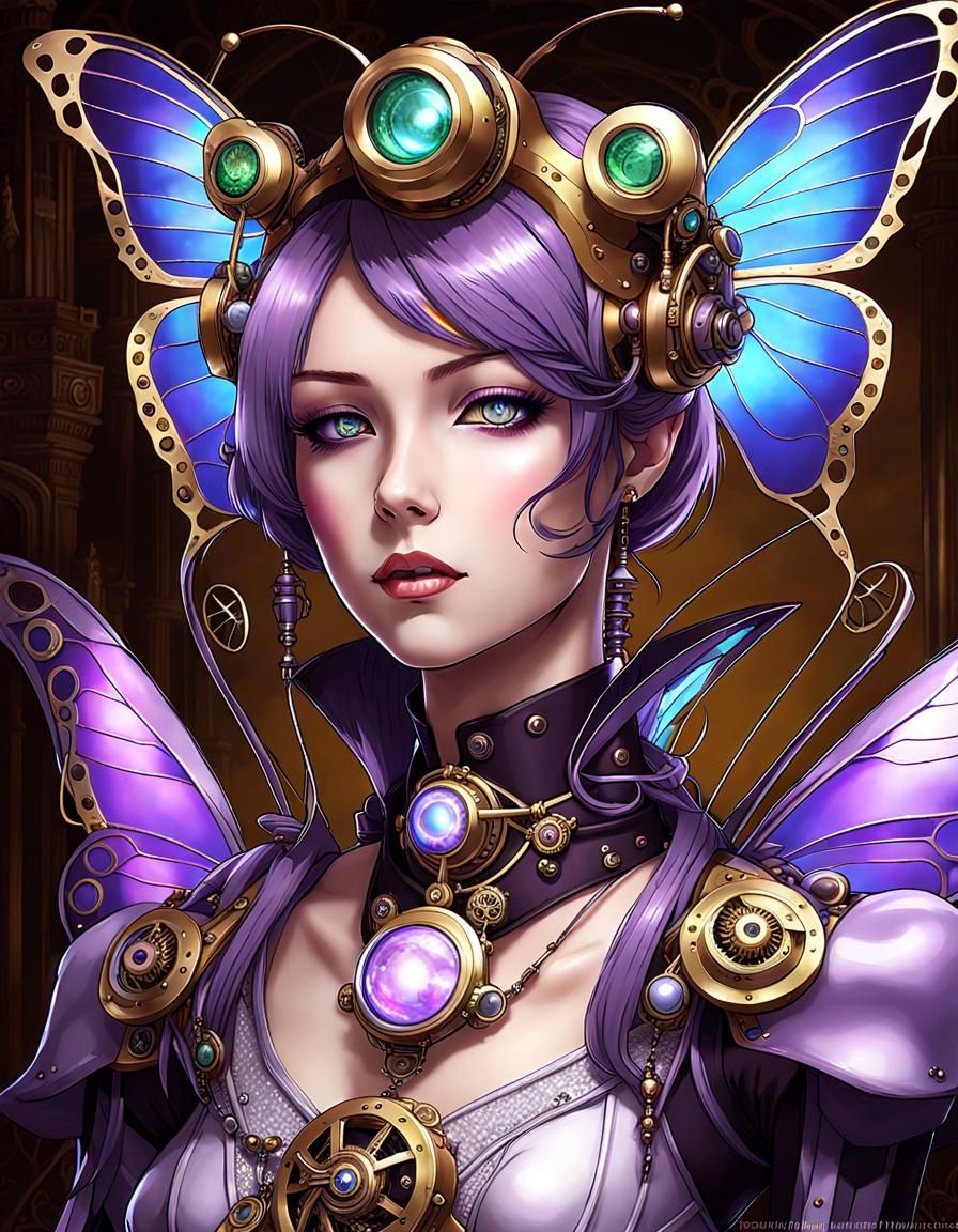 Steampunk Cyborg Butterfly Woman Portrait in Anime Style