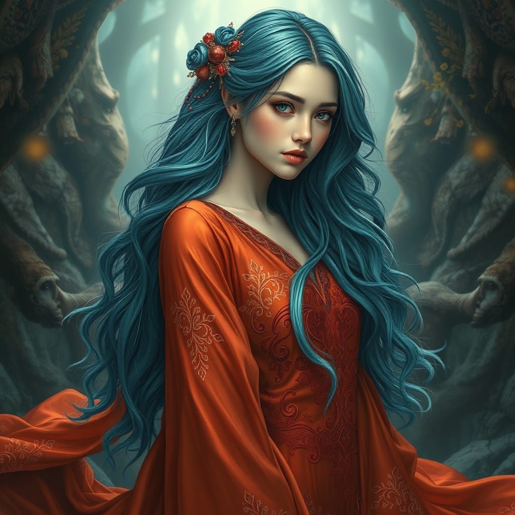 Mystical Woman with Flowing Gown in Fantasy Realm