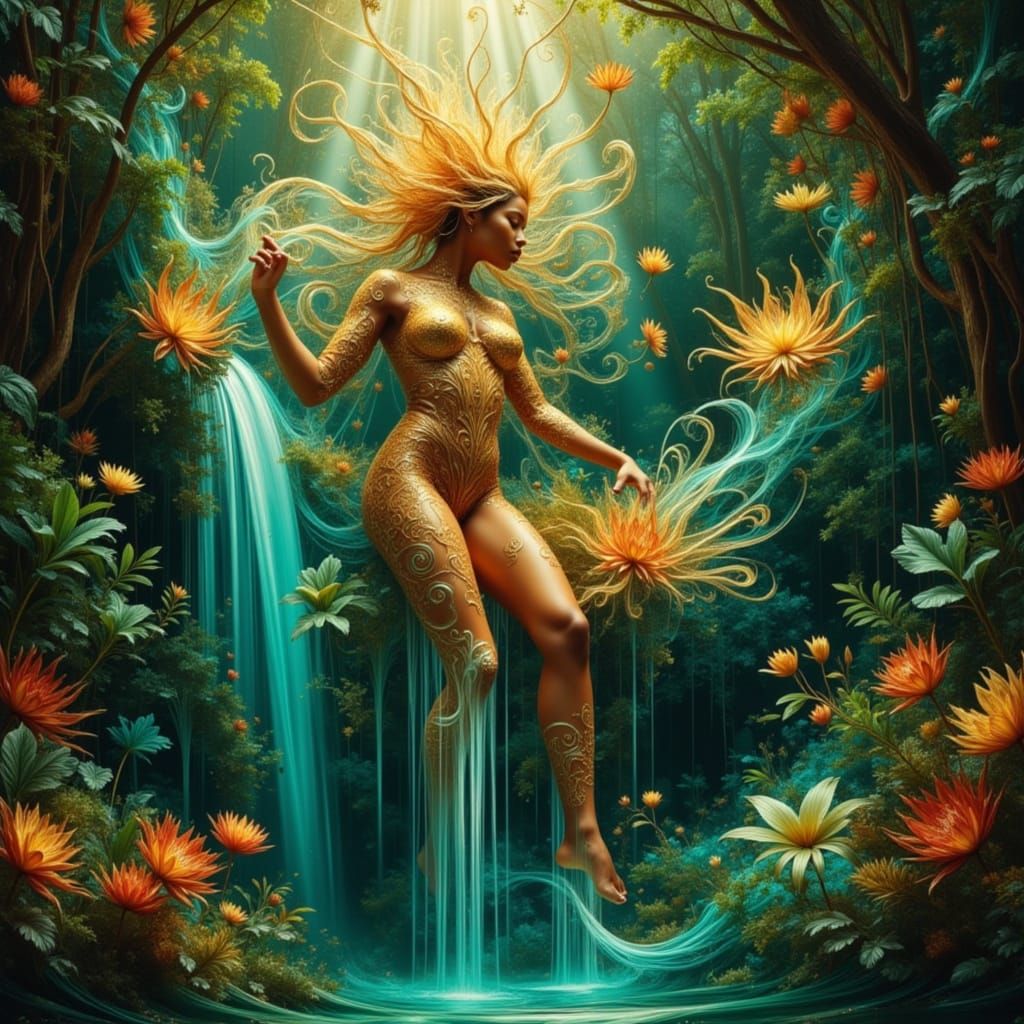 African Goddess in Jungle Waterfall, Art Nouveau Style