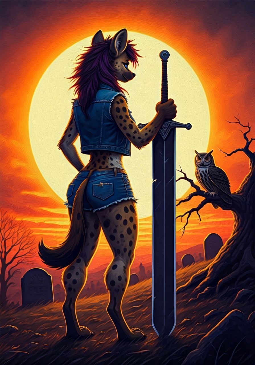 Hyena Warrior at Sunset, Acrylic Painting