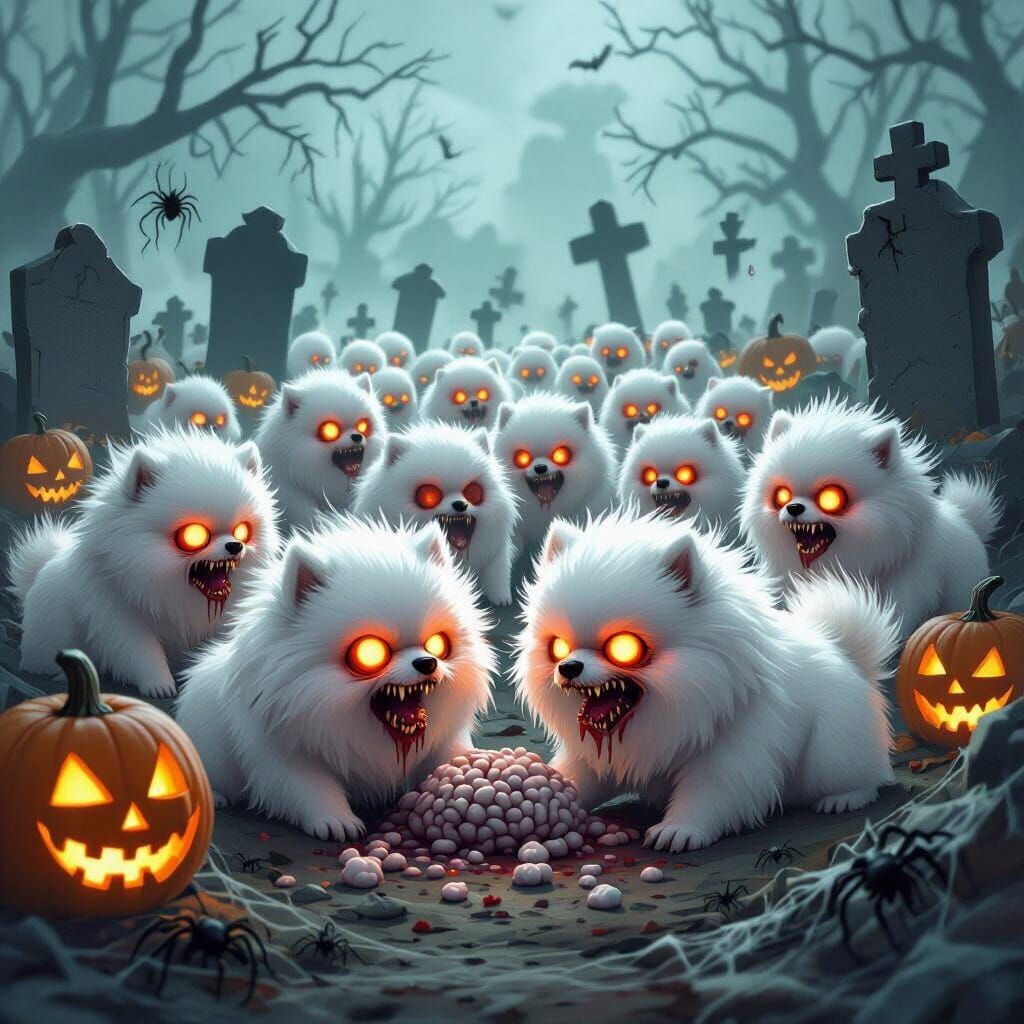 Fluffy Zombie Pomeranians Feast in Haunted Cemetery