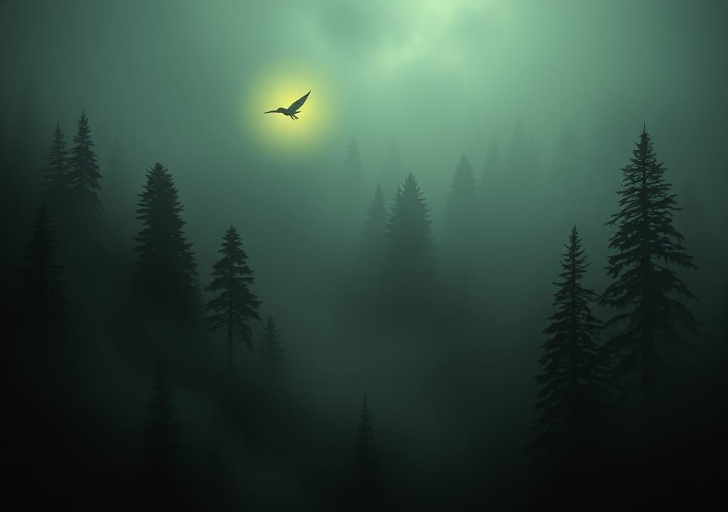 Glowing Will-o'-the-Wisp Over Dark Forest, Dore-style