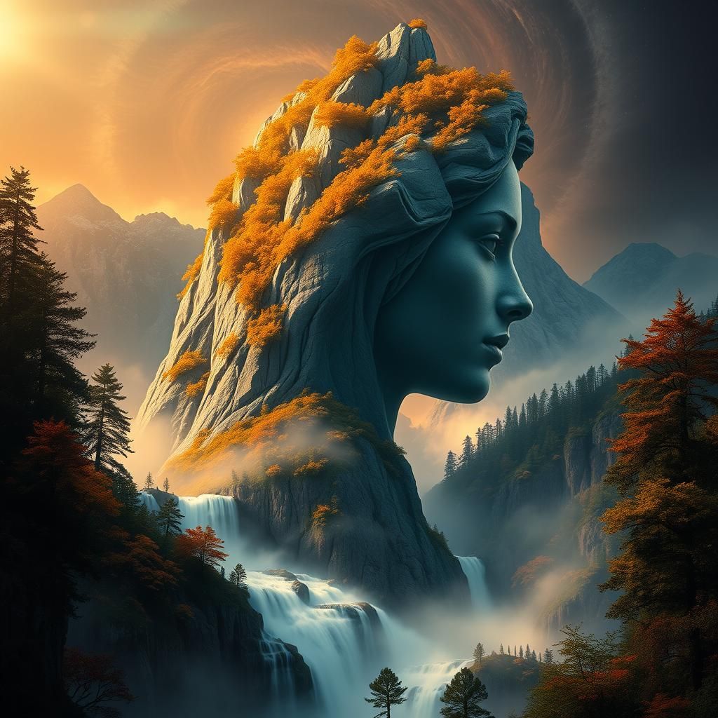 Majestic Mountain Woman in Surreal Landscape