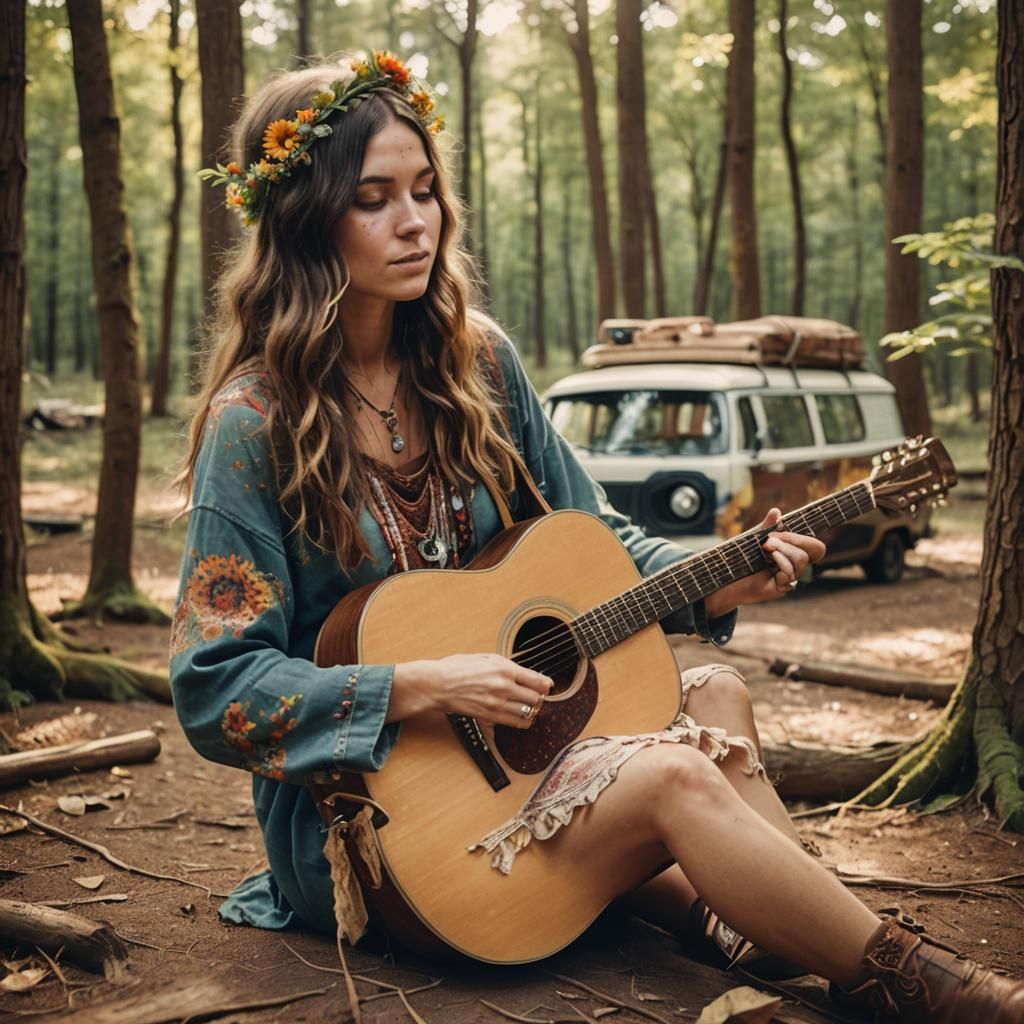 Vintage Photo: Hippie Woman Playing Guitar in Forest