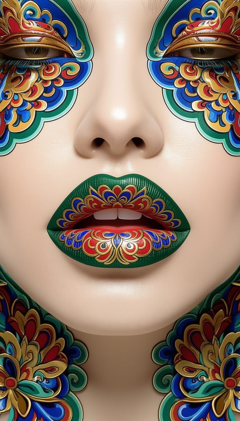 Korean Temple Patterned Lips in High Fashion Editorial