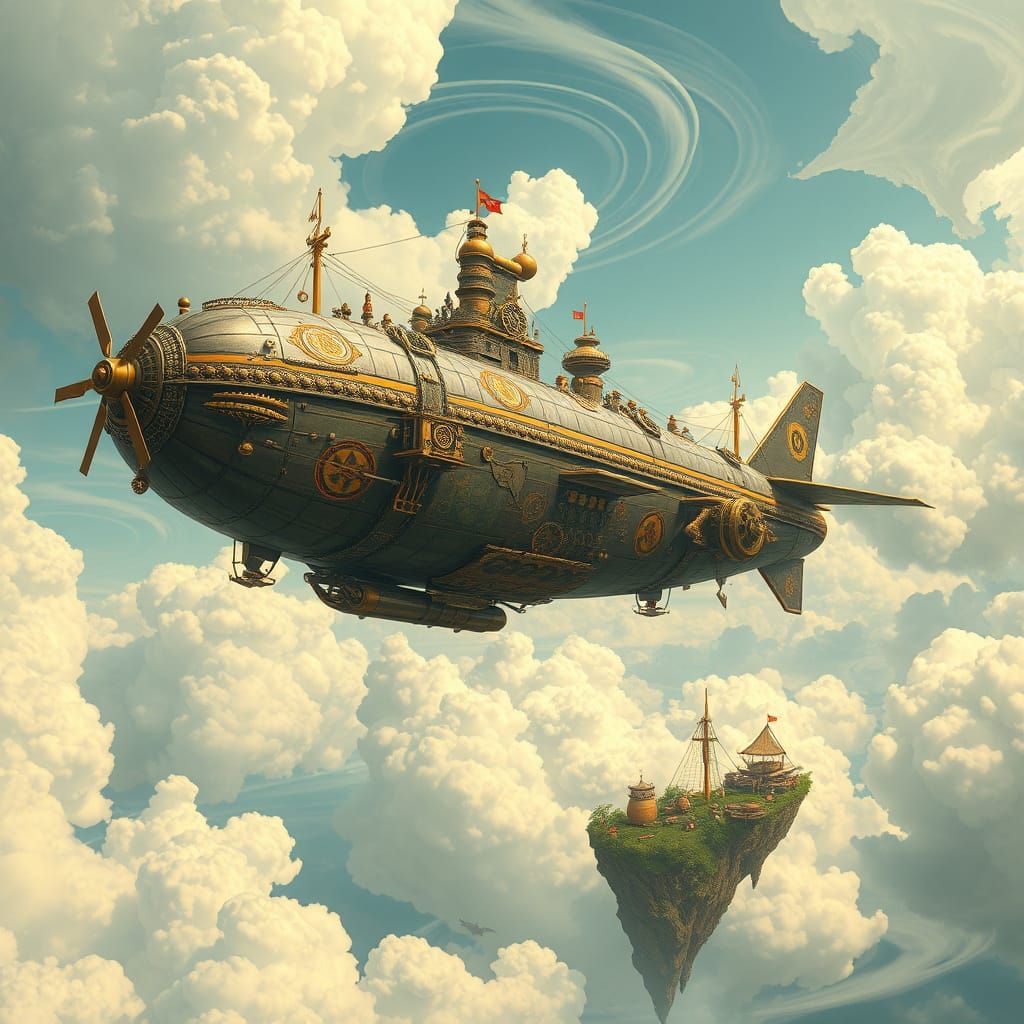 Steampunk Airship Drifting Through Fantasy Sky