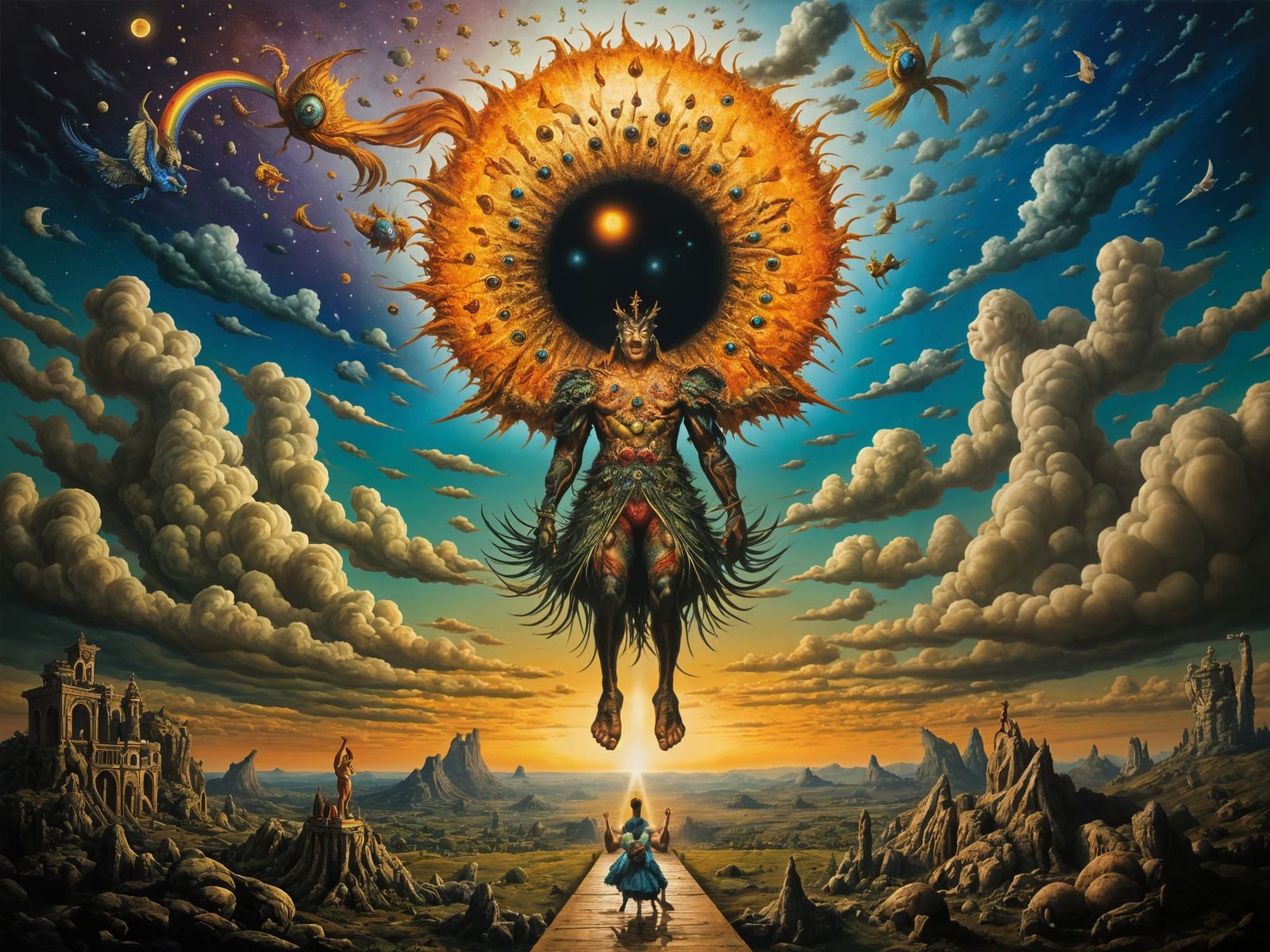 Man Mutation with Peacock and Fractal Face in Dreamscape