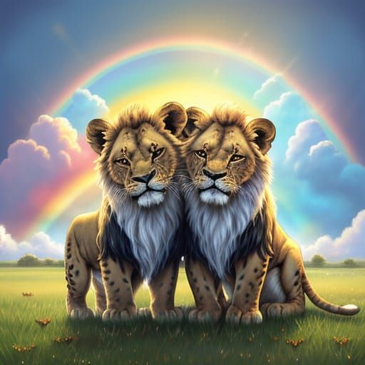 Baby Lions Playing in Rainbow Landscape Oil Painting