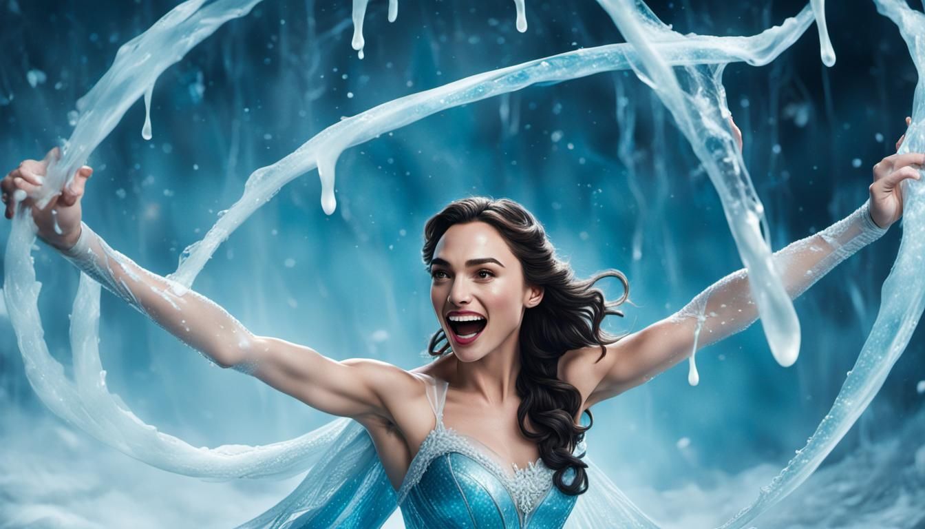 Gal Gadot as Elsa from Frozen, shown twirling around, dancin...