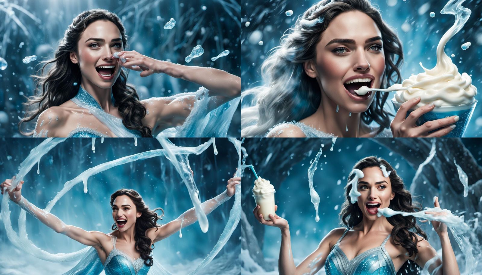Gal Gadot as Elsa from Frozen, shown twirling around, dancing