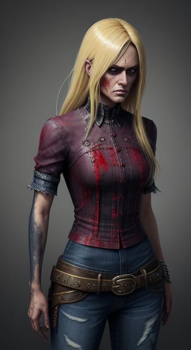 Frightened Woman in Bloodied Clothing: Detailed Matte Painti...