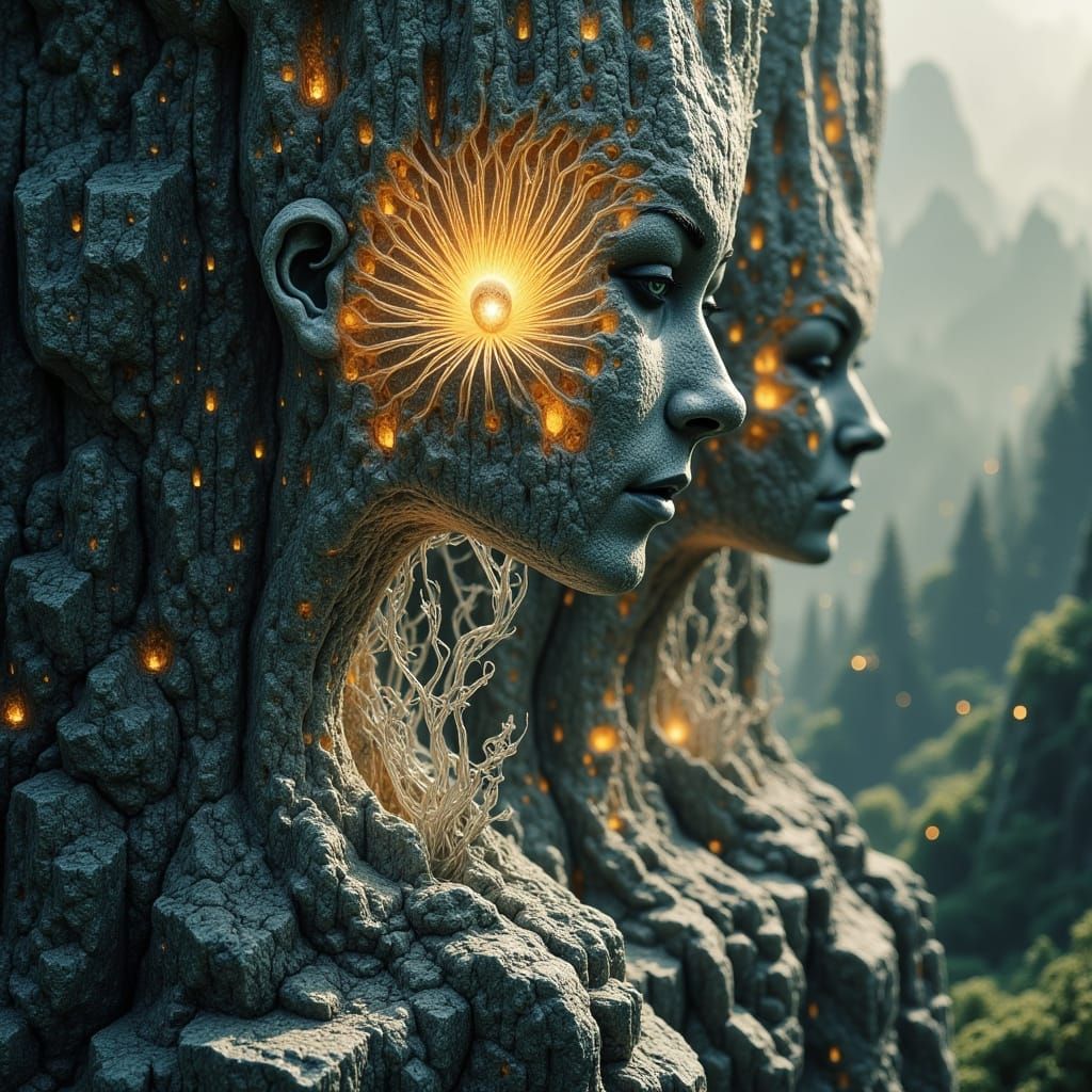 Weathered Rock Face Meets Ethereal Bloom in Dreamy Realism