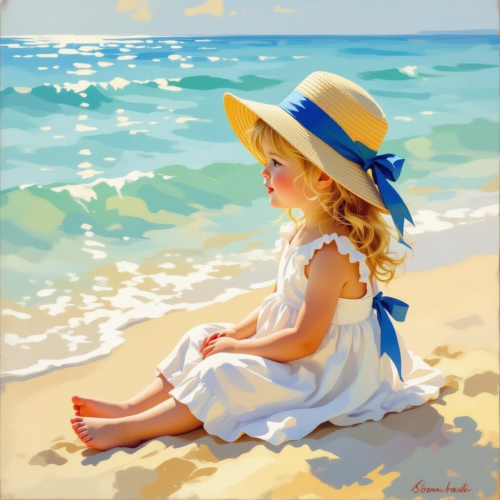 Girl in Straw Hat Gazes at Shimmering Ocean