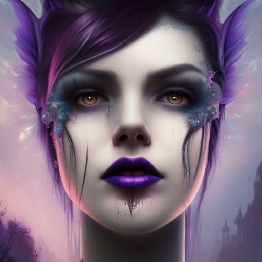 Ethereal gothic vampire with Black lights& purple eyeshadow& Black lipstick& purple eyes& jet black hair& purple glow