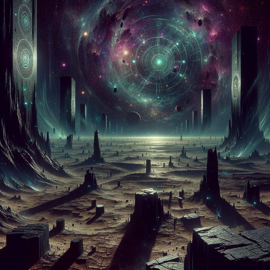 Alien Wasteland with Pulsing Runes in Digital Painting