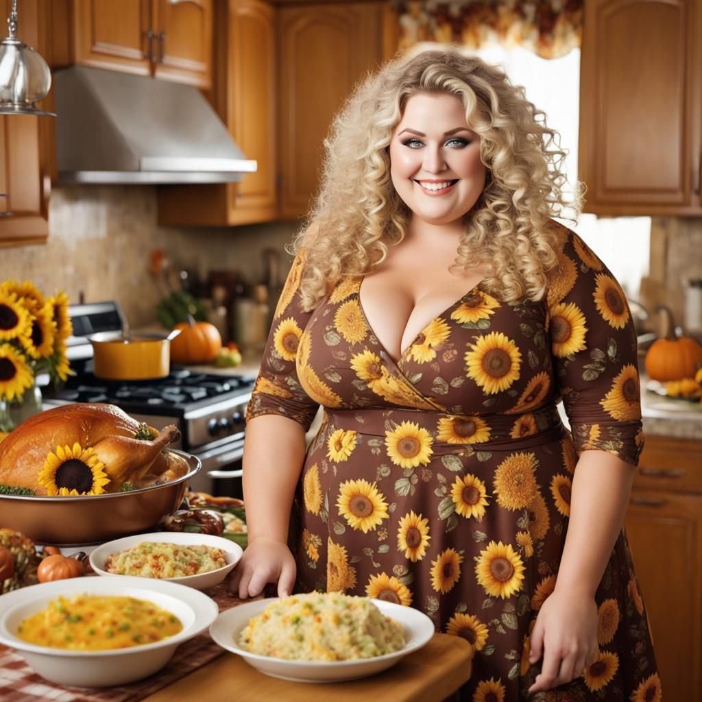 Blonde Woman Cooks Thanksgiving Dinner in Sunflower Dress