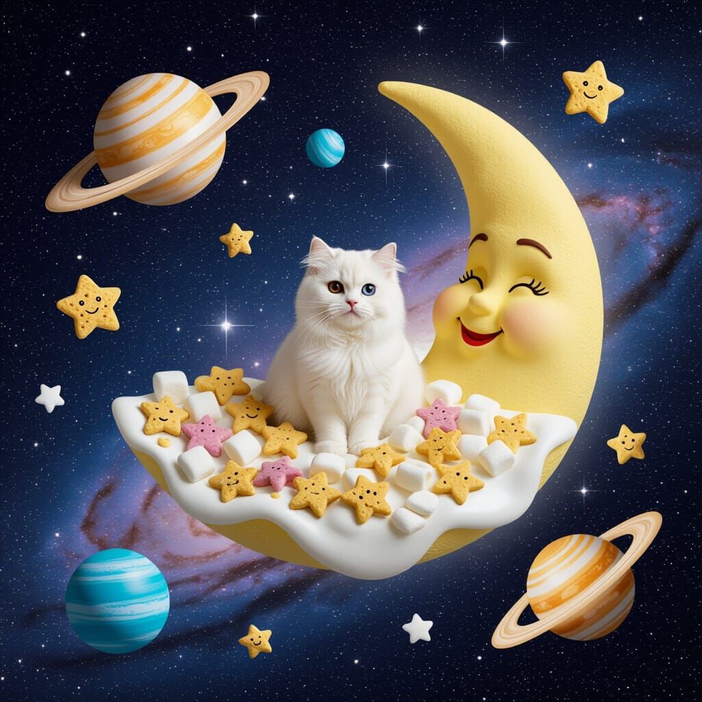 Marshmallow Moon Cat in Cosmic Cereal Galaxy