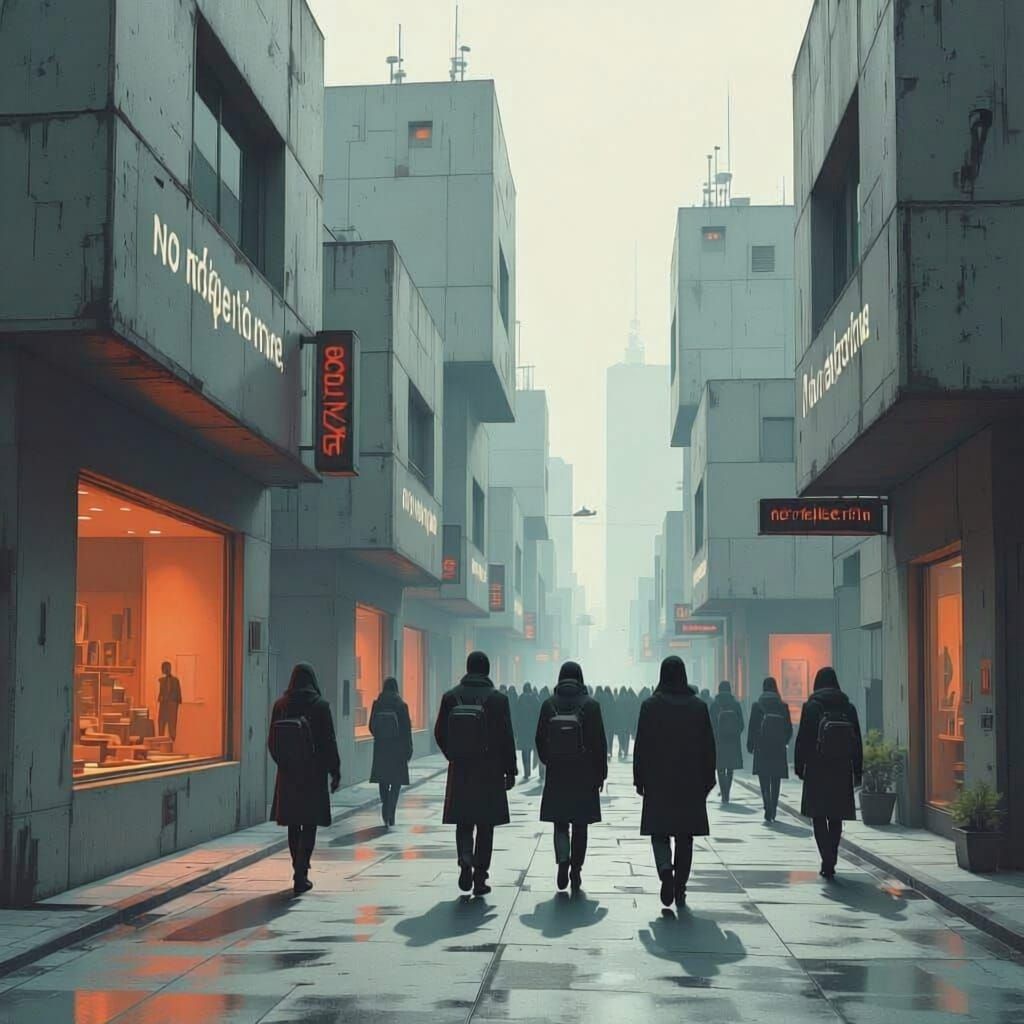 Dystopian Society with Windowless Buildings and Uniform Citi...