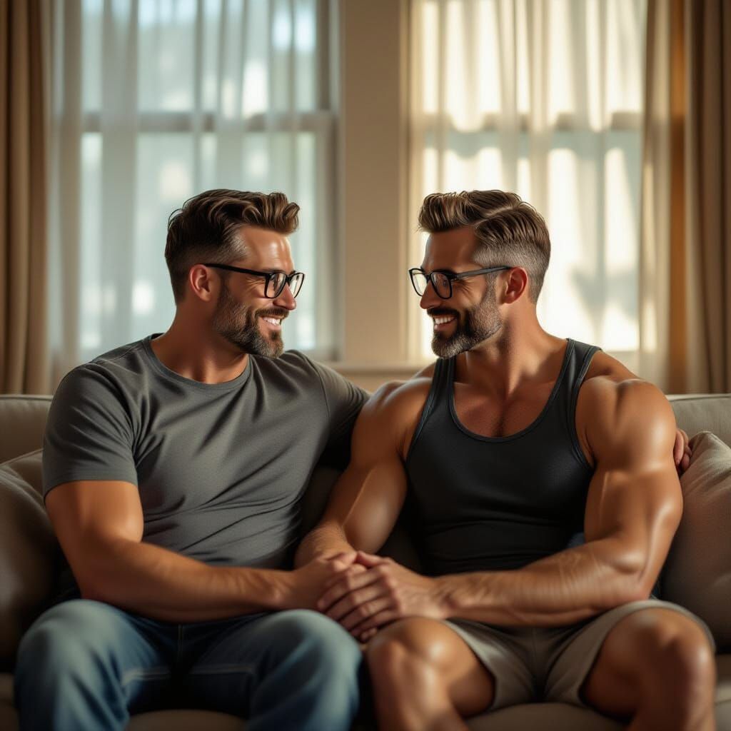 Attractive Men in 1950s Sitting Room, Cinematic Style