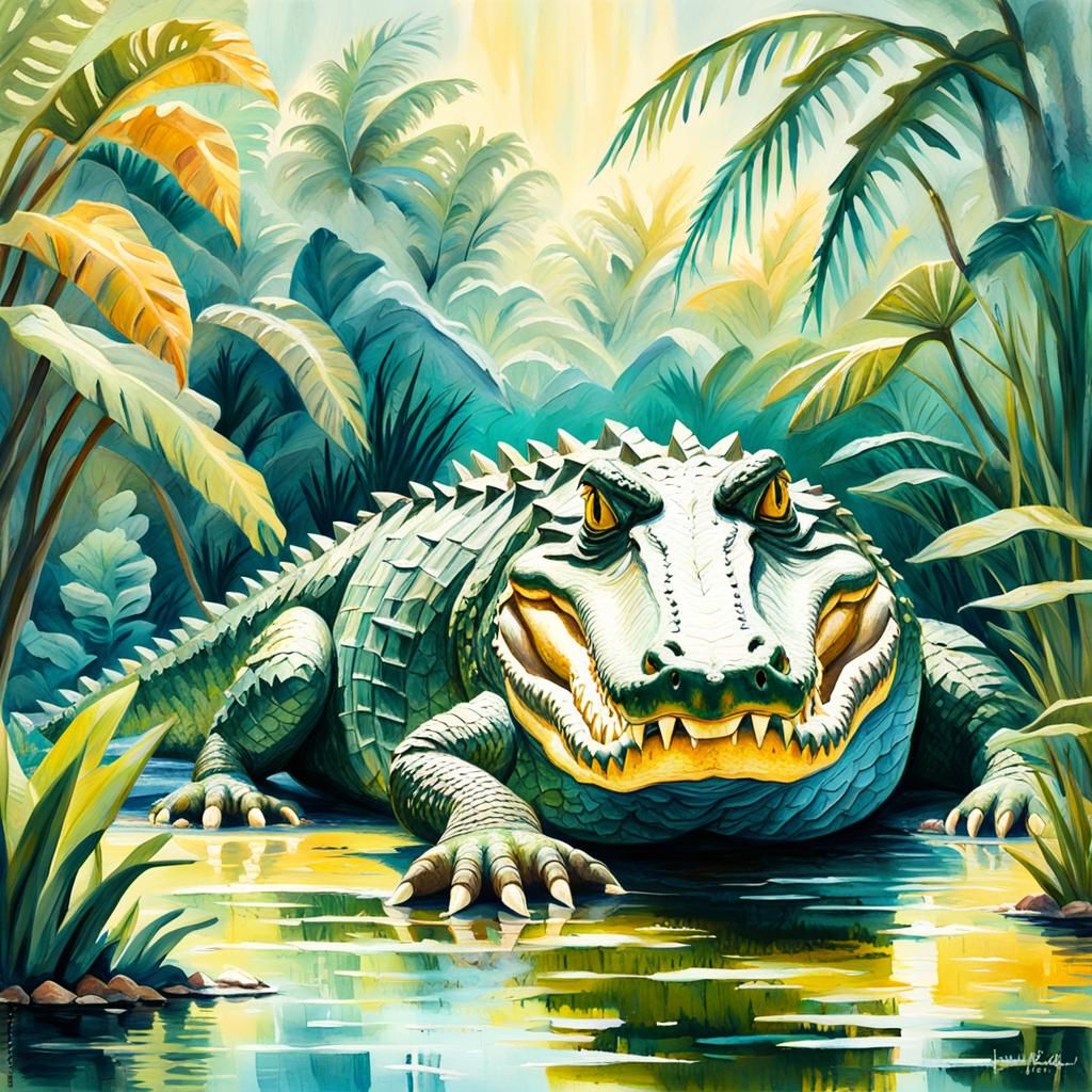 Pastel Crocodile in Tropical Swamp, Gouache Impressionism